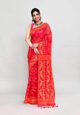 Rani Pink Jamdani Cotton Blend Saree Set