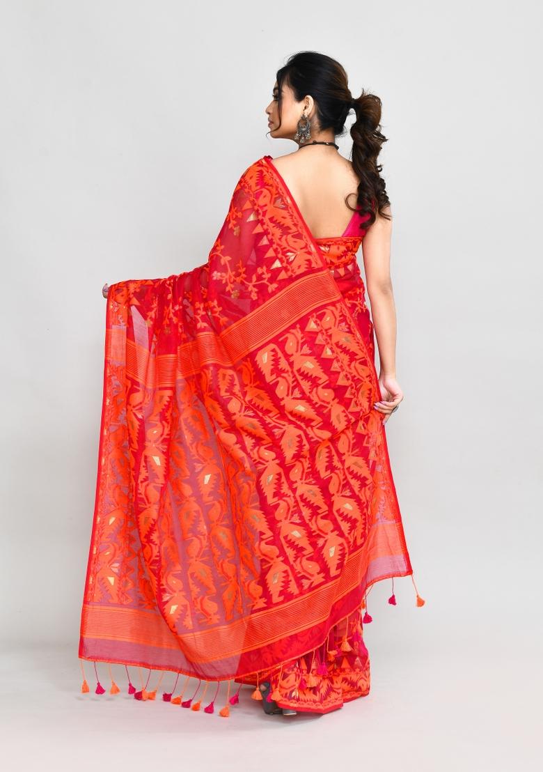 Rani Pink Jamdani Cotton Blend Saree Set