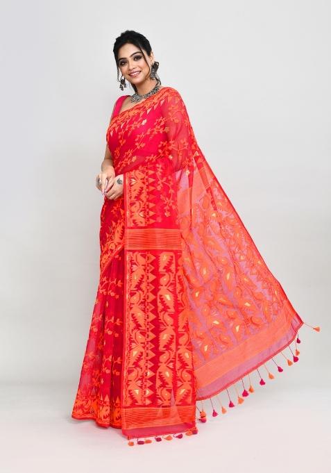 Rani Pink Jamdani Cotton Blend Saree Set