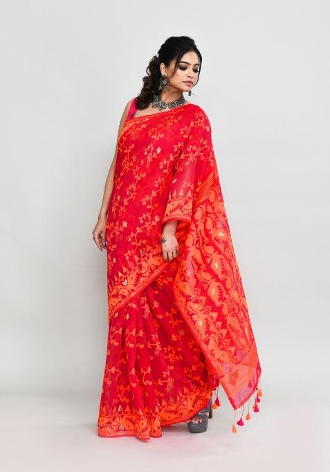 Rani Pink Jamdani Cotton Blend Saree Set