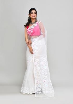 White Jamdani Art Silk Saree Set