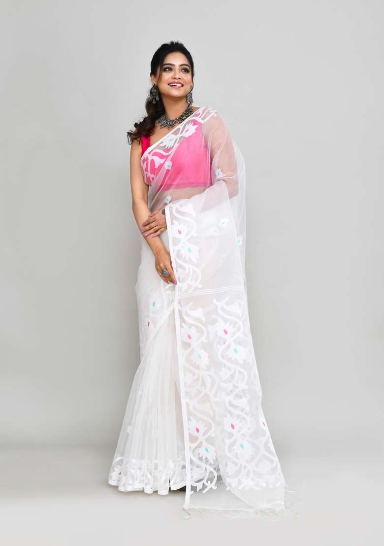 White Jamdani Art Silk Saree Set - Indya