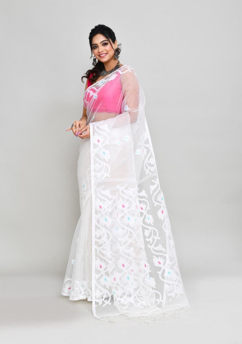 White Jamdani Art Silk Saree Set