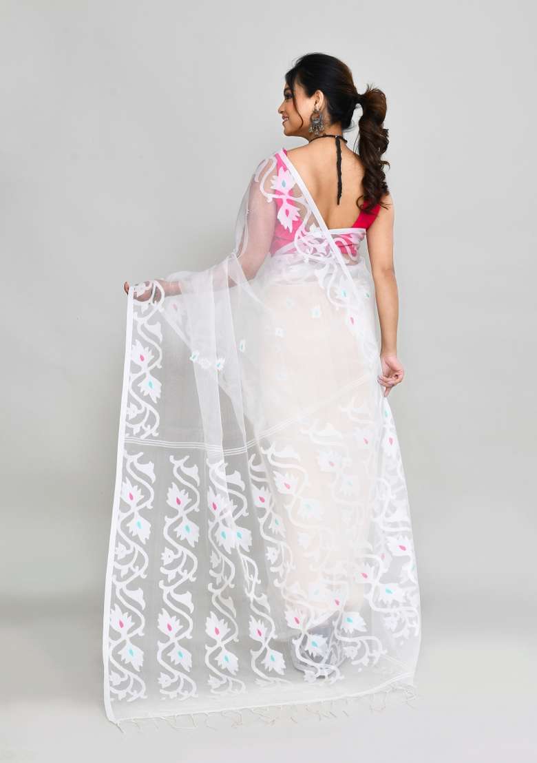 White Jamdani Art Silk Saree Set - Indya