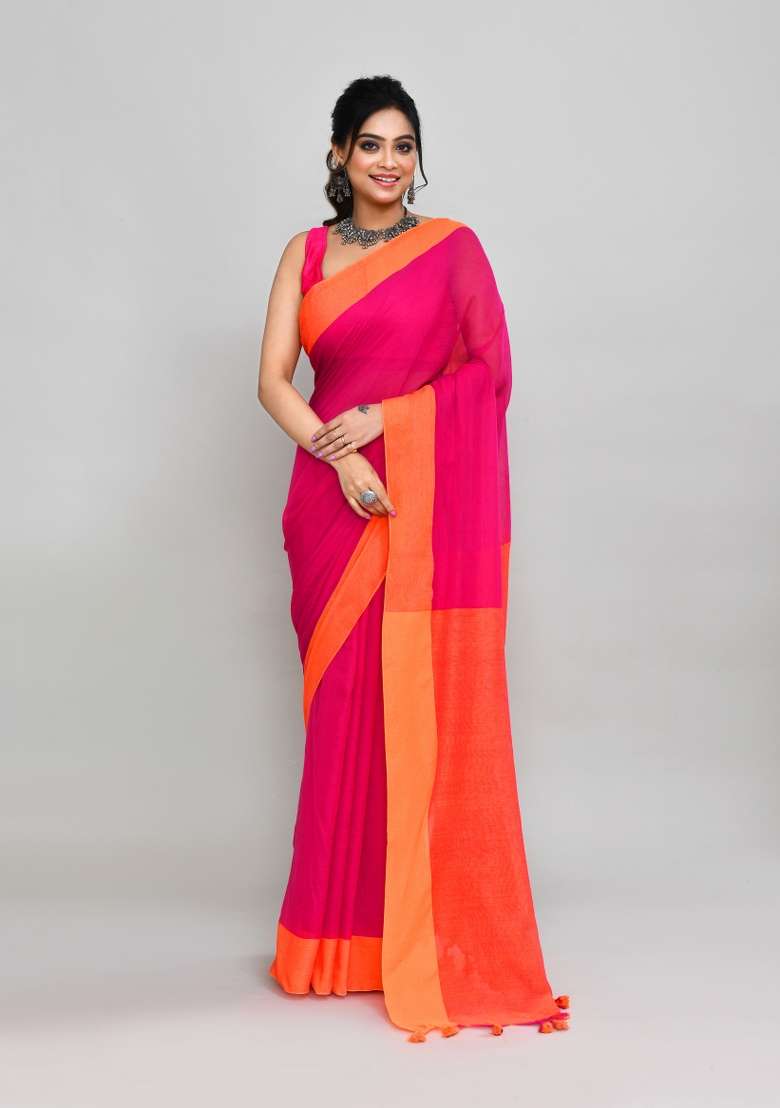 Rani Pink Solid Cotton Saree Set for Diwali and Festive Wear - Indya