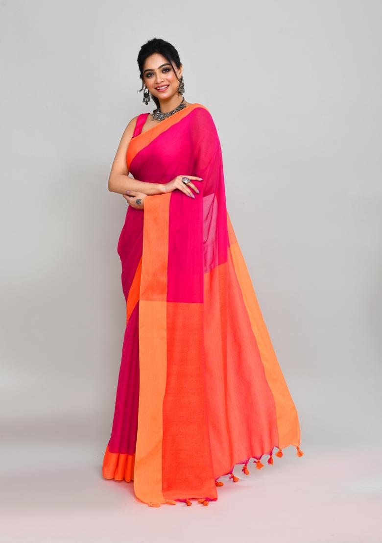 Rani Pink Solid Cotton Saree Set