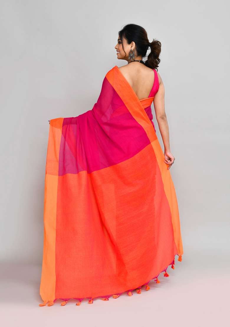 Rani Pink Solid Cotton Saree Set for Diwali and Festive Wear - Indya