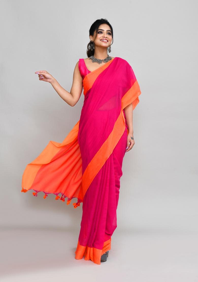 Rani Pink Solid Cotton Saree Set