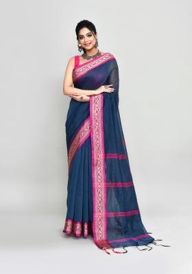 Charcoal Grey Hand Embroidered Cotton Blend Saree Set