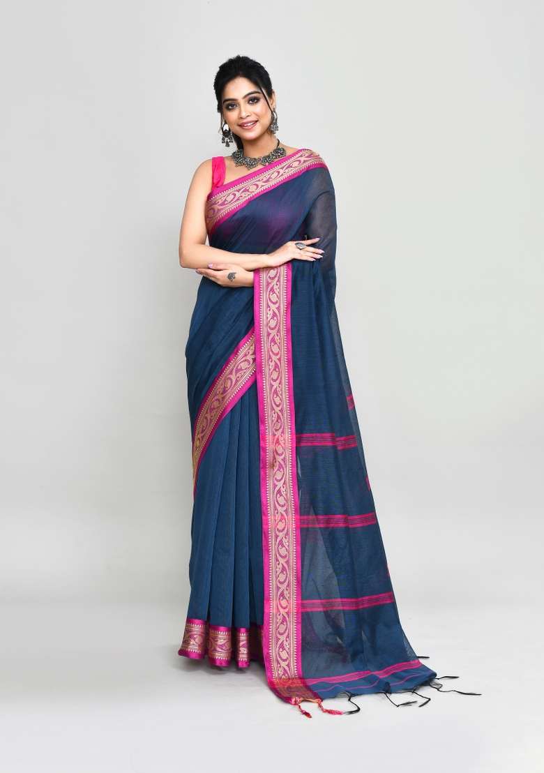 Charcoal Grey Hand Blend Cotton Saree Set with Embroidered for Diwali | Wedding & Festive Wear - Indya