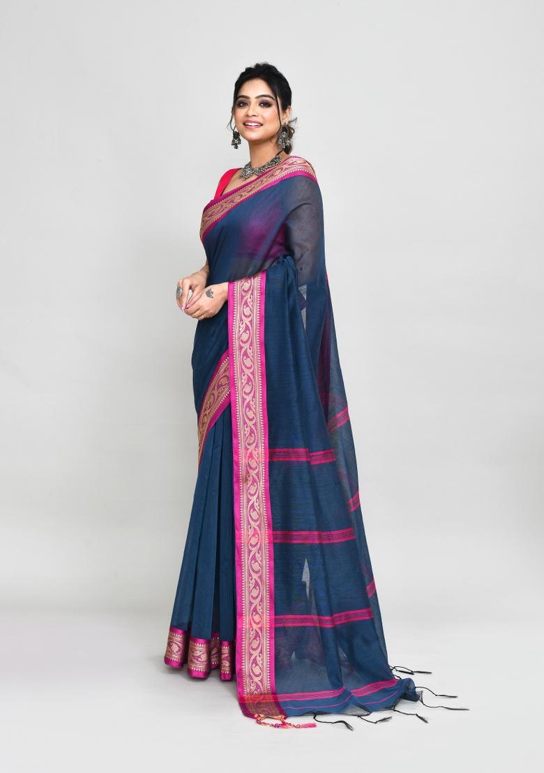 Charcoal Grey Hand Embroidered Cotton Blend Saree Set