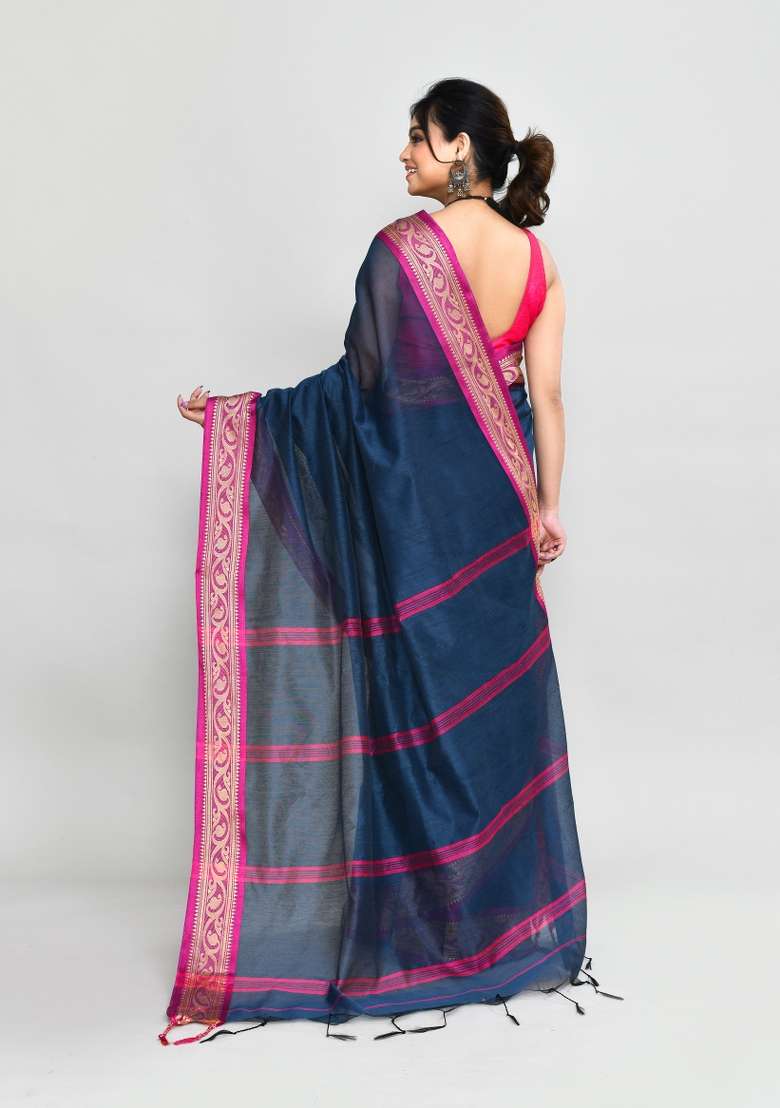 Charcoal Grey Hand Blend Cotton Saree Set with Embroidered for Diwali | Wedding & Festive Wear - Indya
