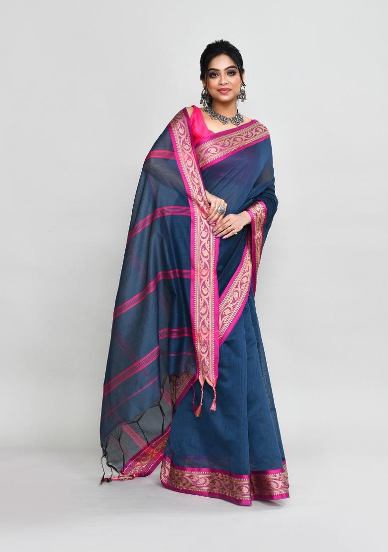 Charcoal Grey Hand Embroidered Cotton Blend Saree Set