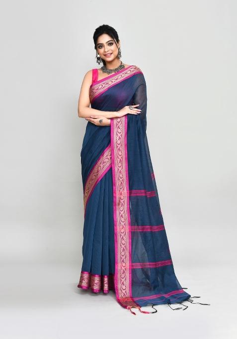 Charcoal Grey Hand Embroidered Cotton Blend Saree Set