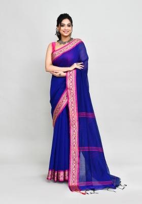 Royel Blue Hand Embroidered Cotton Blend Saree Set