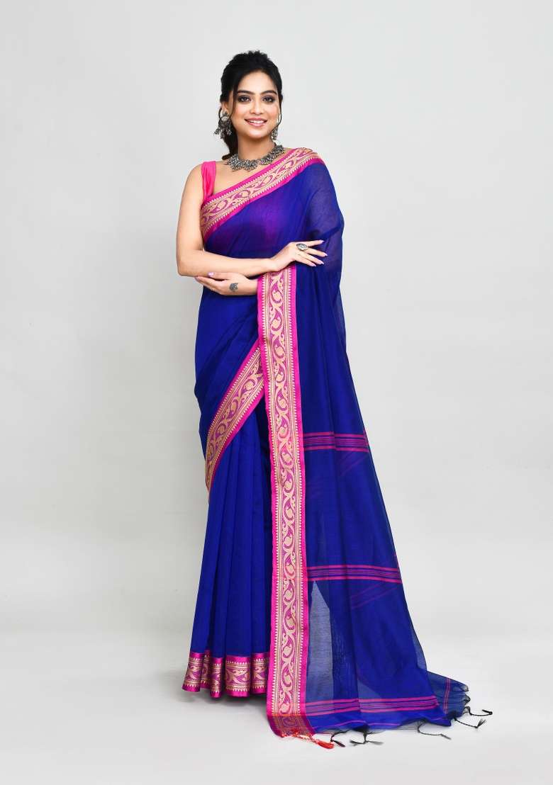 Royel Blue Hand Embroidered Cotton Blend Saree Set for Diwali and Festive Wear - Indya
