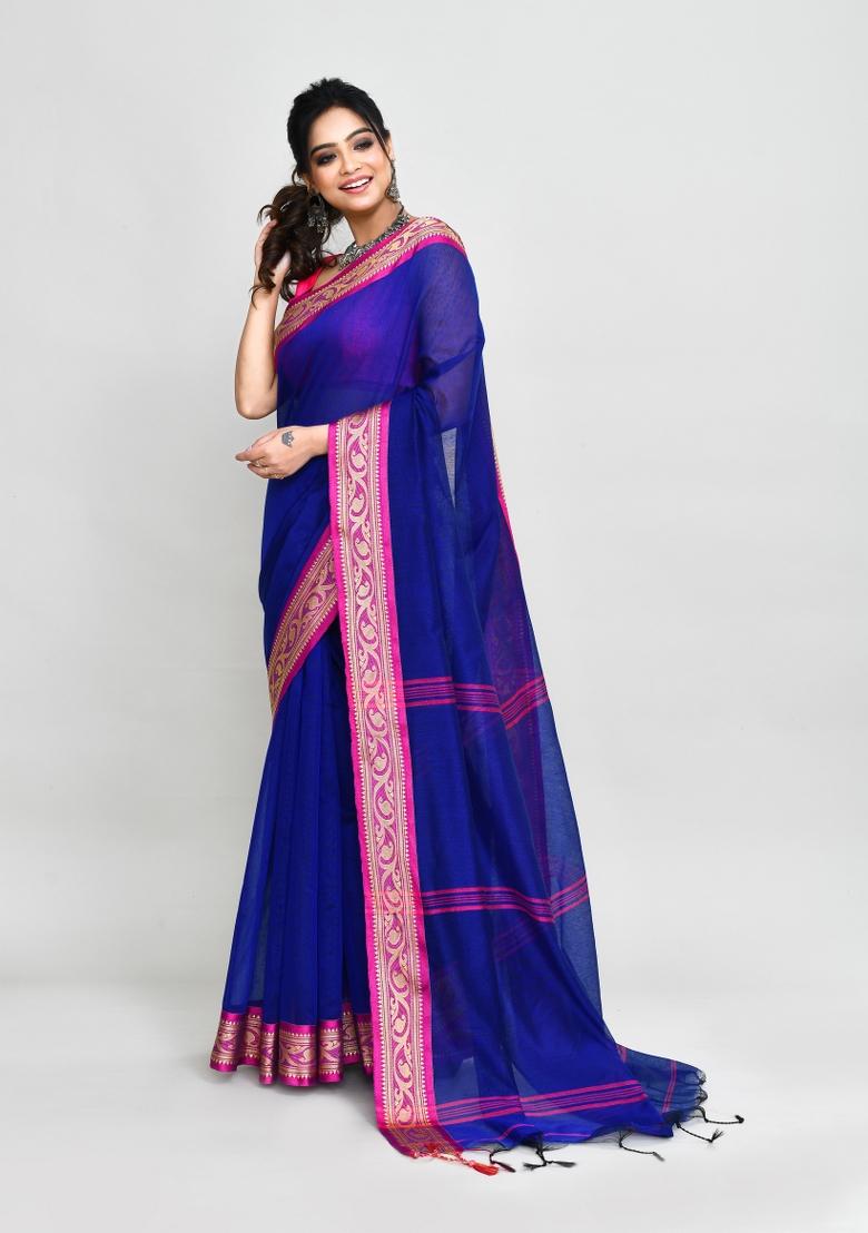Royel Blue Hand Embroidered Cotton Blend Saree Set