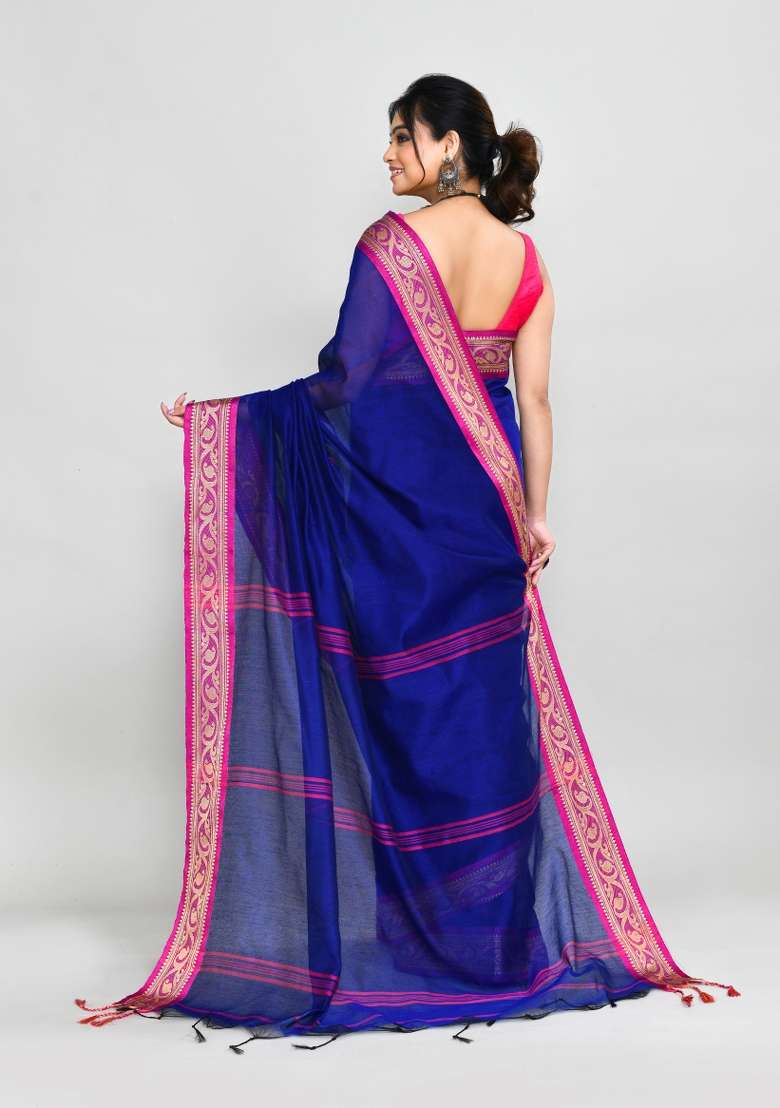 Royel Blue Hand Embroidered Cotton Blend Saree Set for Diwali and Festive Wear - Indya
