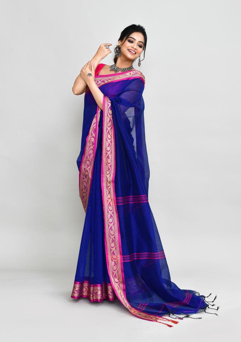 Royel Blue Hand Embroidered Cotton Blend Saree Set