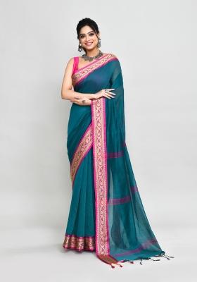 Teal Blue Hand Embroidered Cotton Blend Saree Set