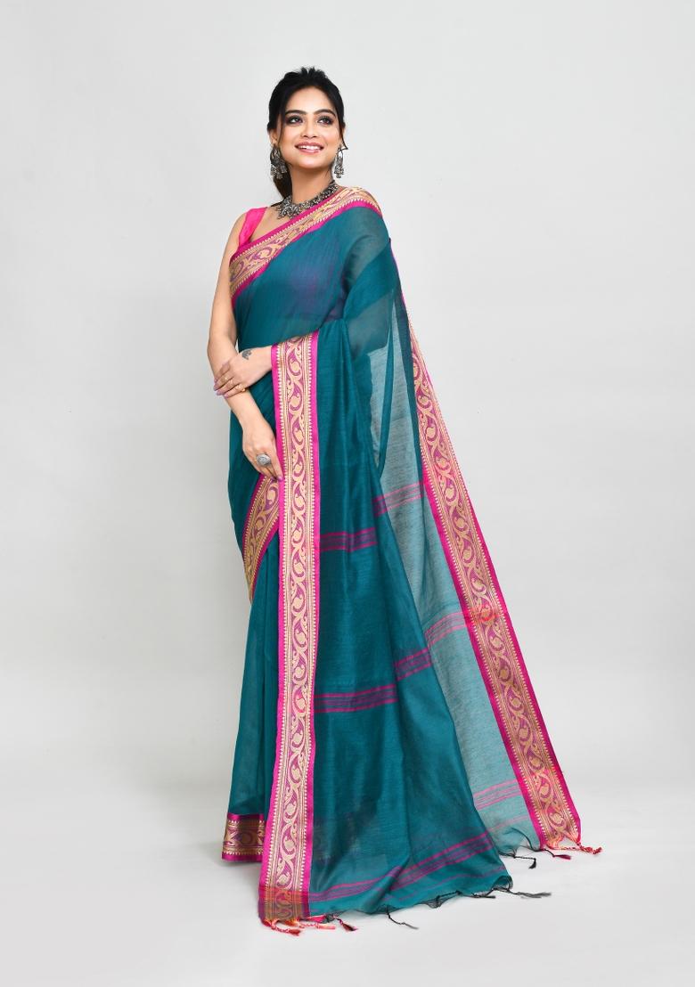 Teal Blue Hand Embroidered Cotton Blend Saree Set