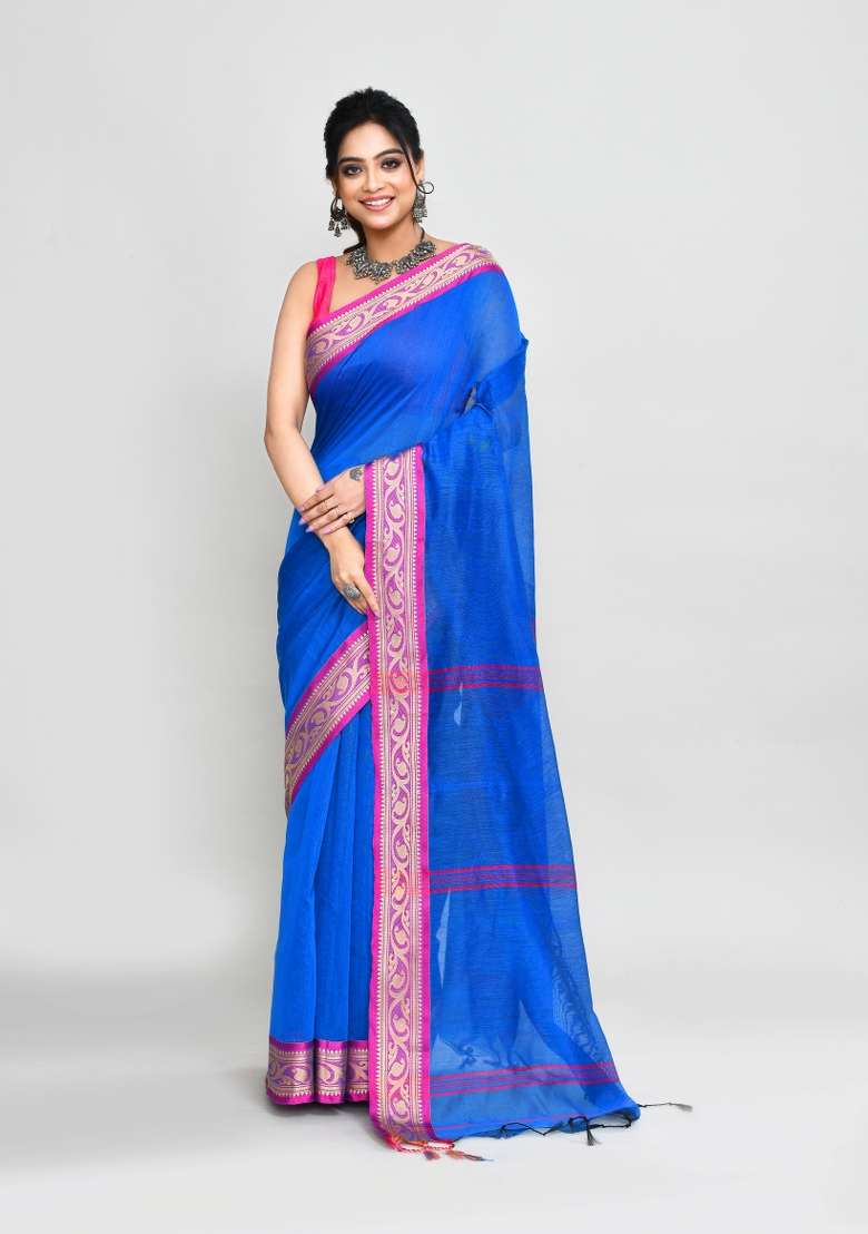 Blue Hand Blend Cotton Saree Set with Embroidered for Diwali | Wedding & Festive Wear - Indya
