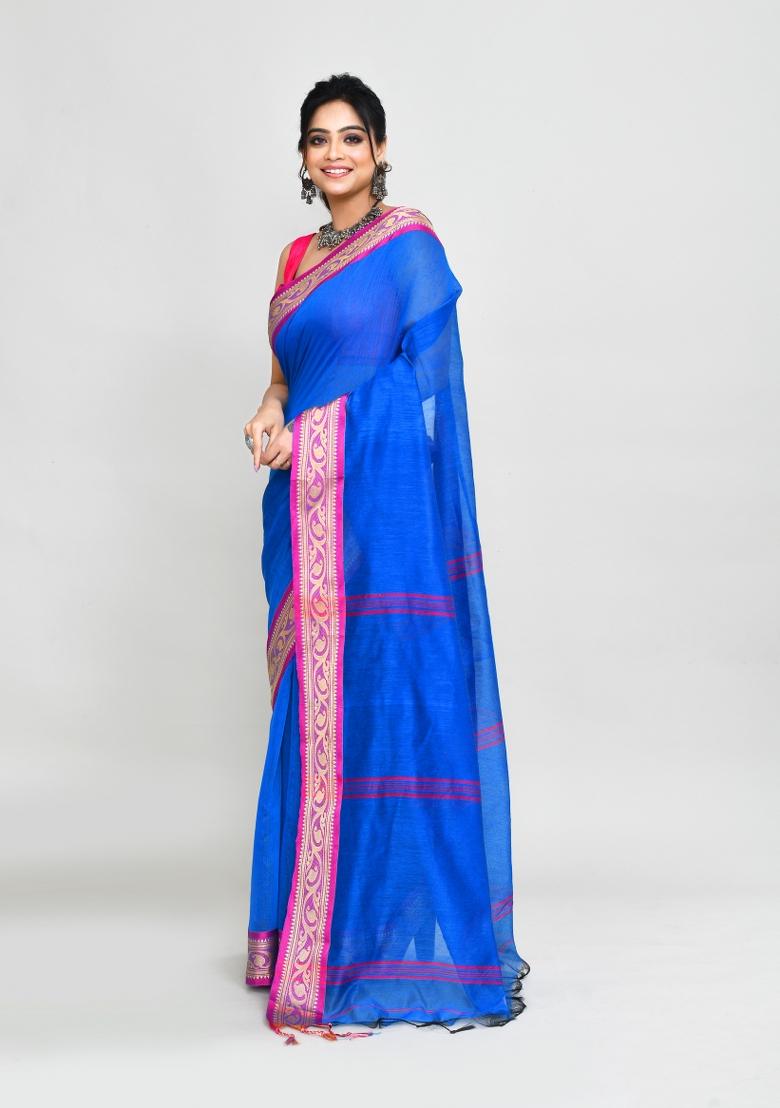 Blue Hand Embroidered Cotton Blend Saree Set