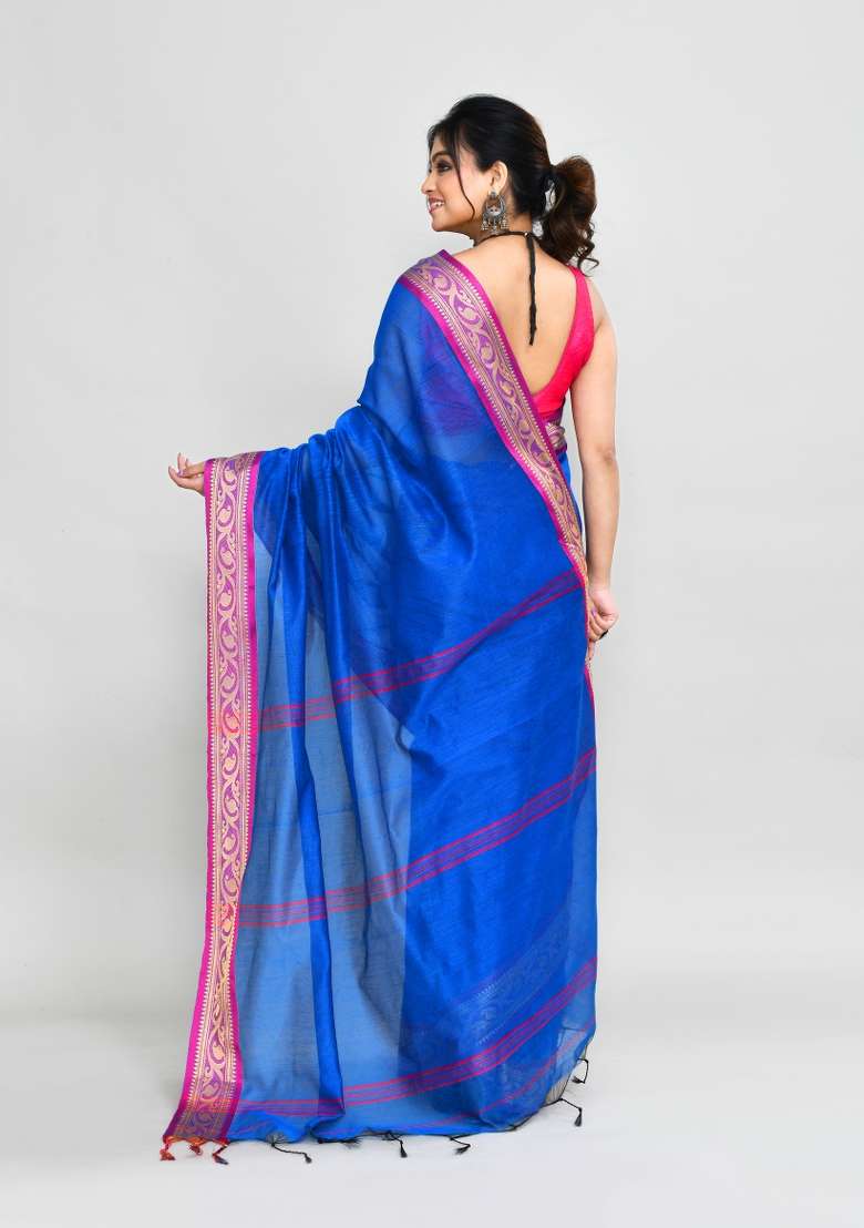 Blue Hand Blend Cotton Saree Set with Embroidered for Diwali | Wedding & Festive Wear - Indya