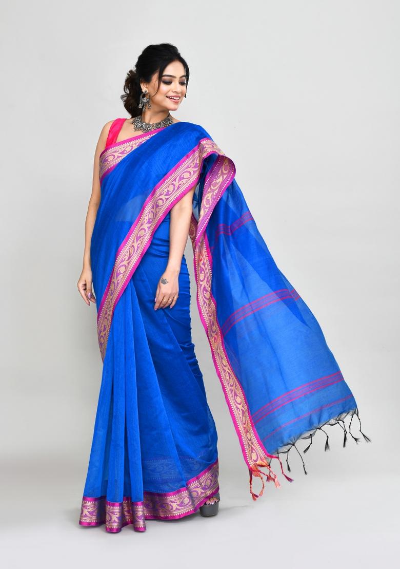 Blue Hand Embroidered Cotton Blend Saree Set