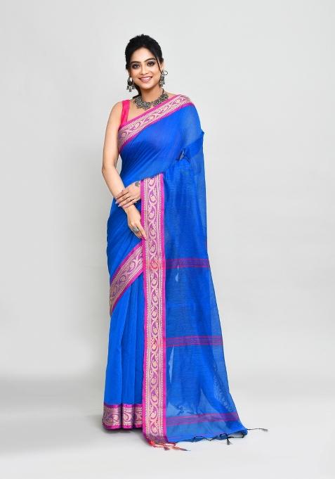 Blue Hand Embroidered Cotton Blend Saree Set