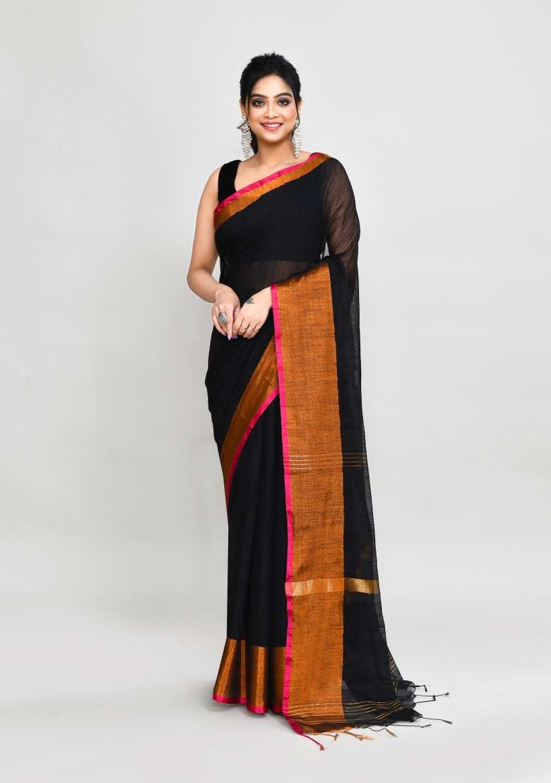 Black Hand Blend Cotton Saree Set with Embroidered for Diwali | Wedding & Festive Wear - Indya