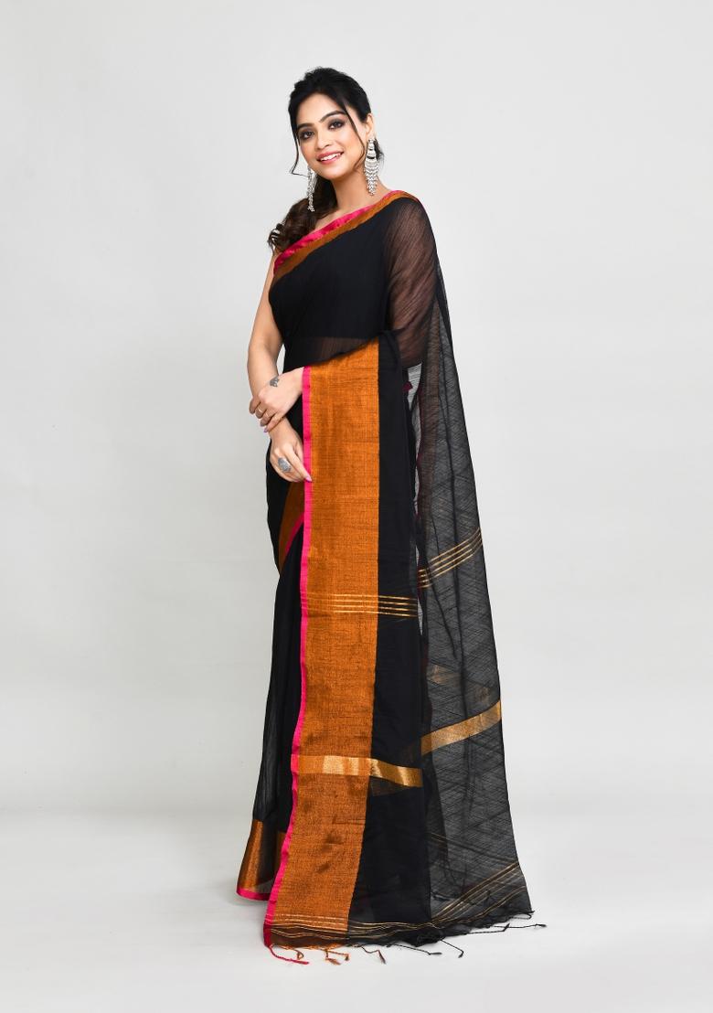 Black Hand Embroidered Cotton Blend Saree Set