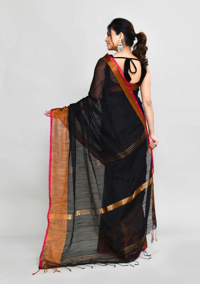 Black Hand Blend Cotton Saree Set with Embroidered for Diwali | Wedding & Festive Wear - Indya