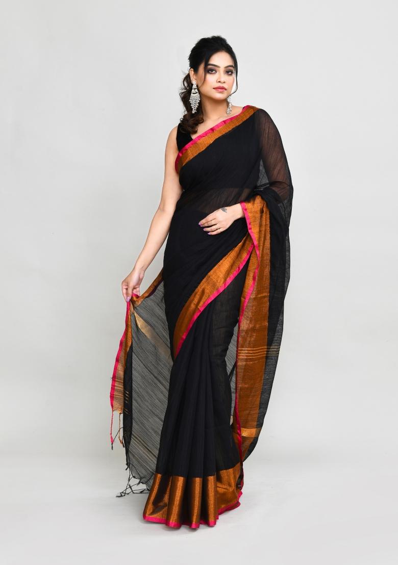 Black Hand Embroidered Cotton Blend Saree Set