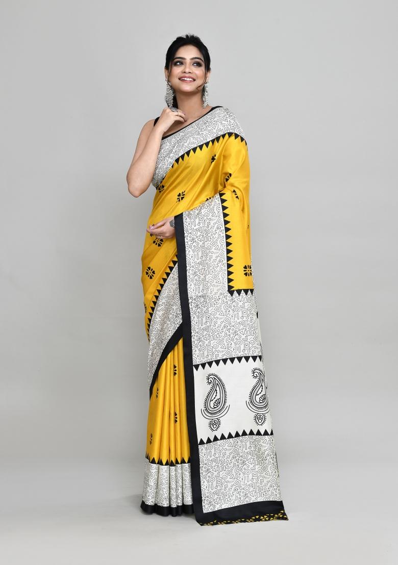 Gold Printed Silk Saree Set