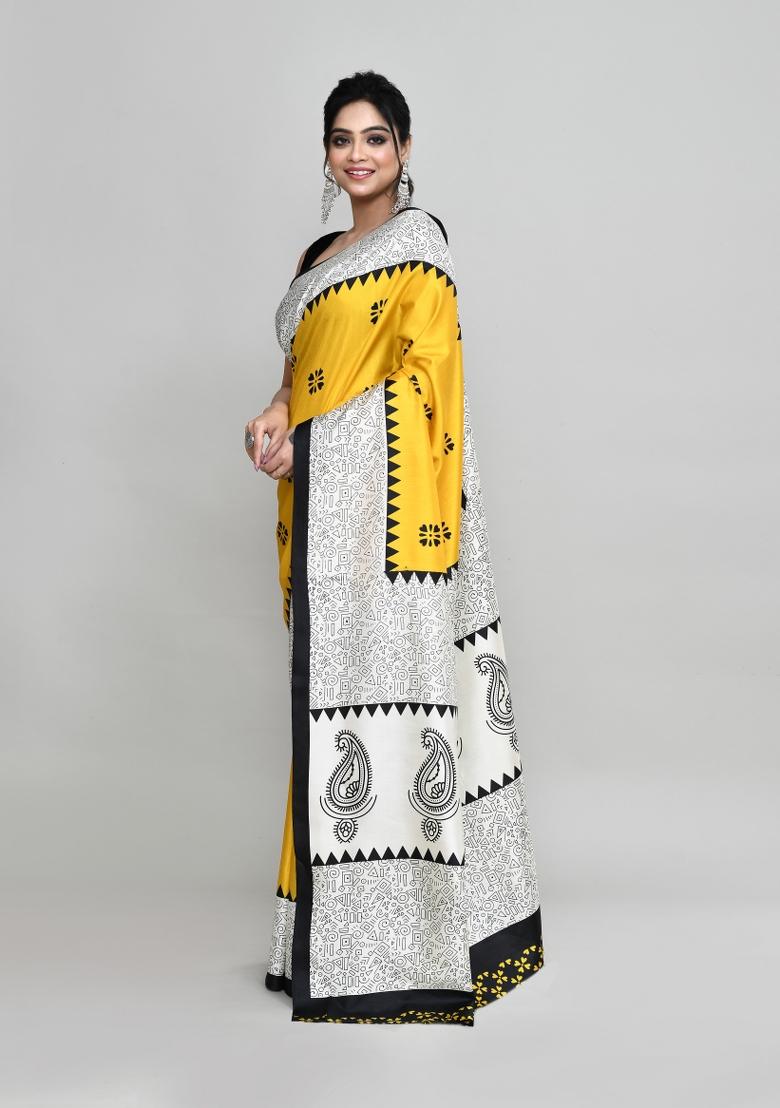 Gold Printed Silk Saree Set