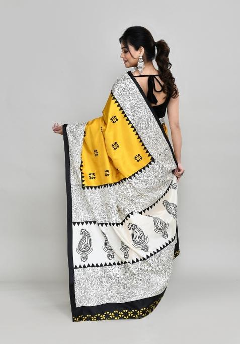 Gold Printed Silk Saree Set