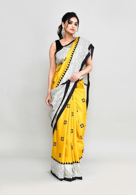 Gold Printed Silk Saree Set