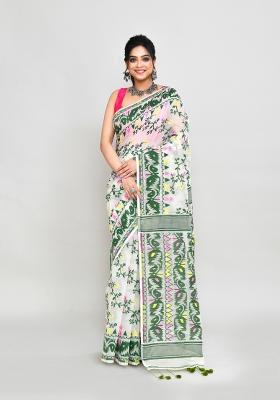 Off White Jamdani Cotton Blend Saree Set