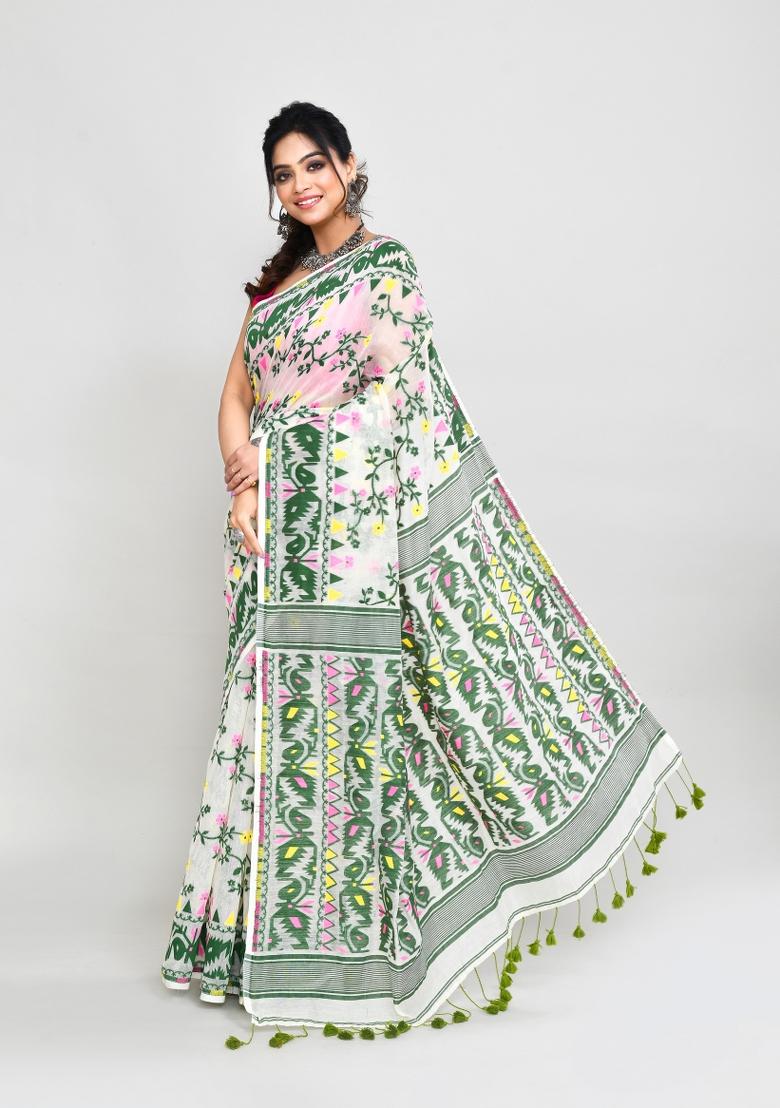 Off White Jamdani Cotton Blend Saree Set