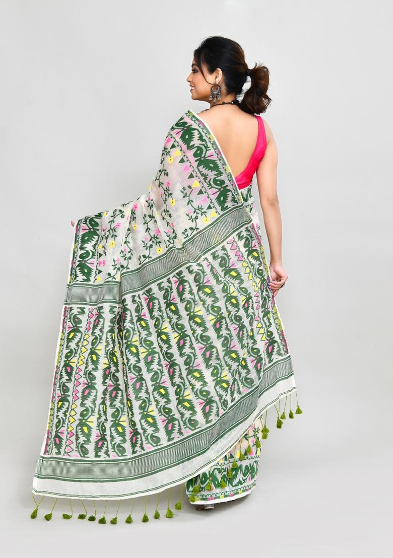 Off White Jamdani Cotton Blend Saree Set