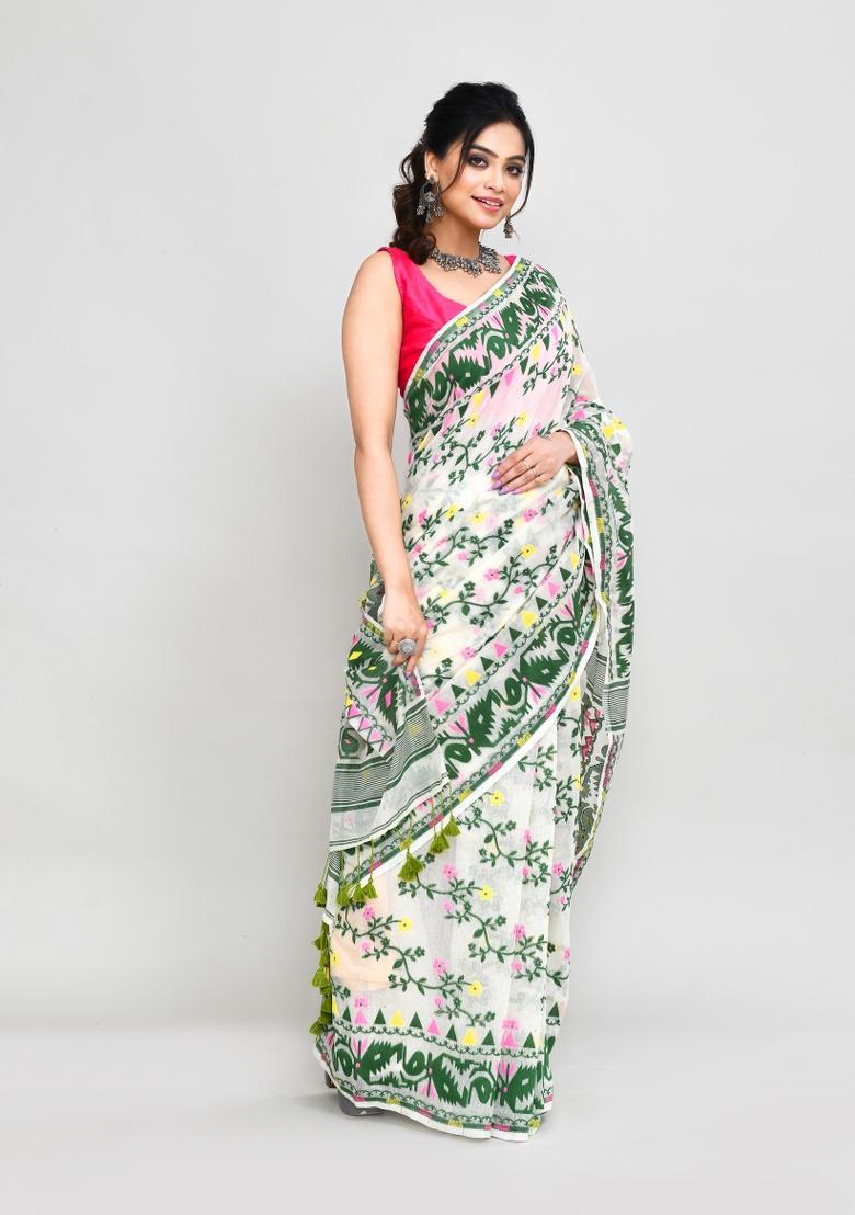 Off White Jamdani Cotton Blend Saree Set