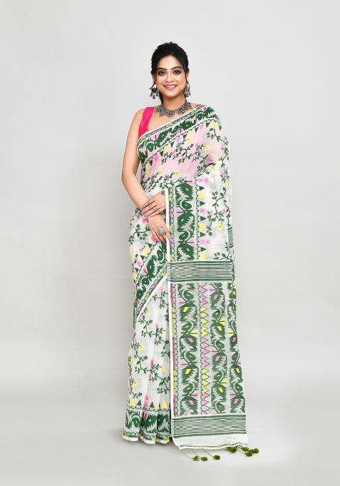 Off White Jamdani Cotton Blend Saree Set