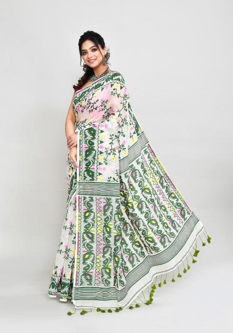 Off White Jamdani Cotton Blend Saree Set