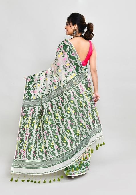 Off White Jamdani Cotton Blend Saree Set