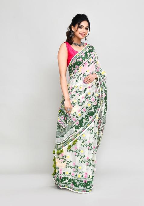 Off White Jamdani Cotton Blend Saree Set