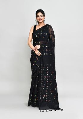Black Jamdani Cotton Blend Saree Set
