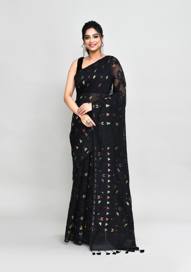 Black Jamdani Cotton Blend Saree Set