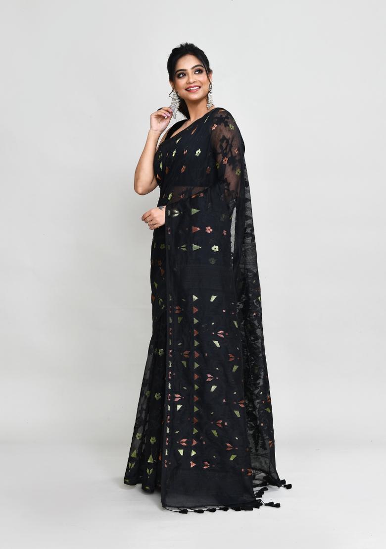Black Jamdani Cotton Blend Saree Set