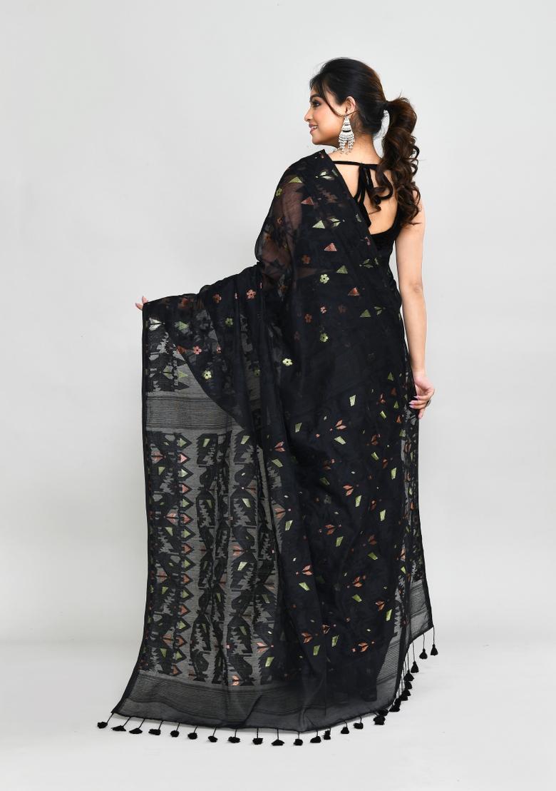 Black Jamdani Cotton Blend Saree Set